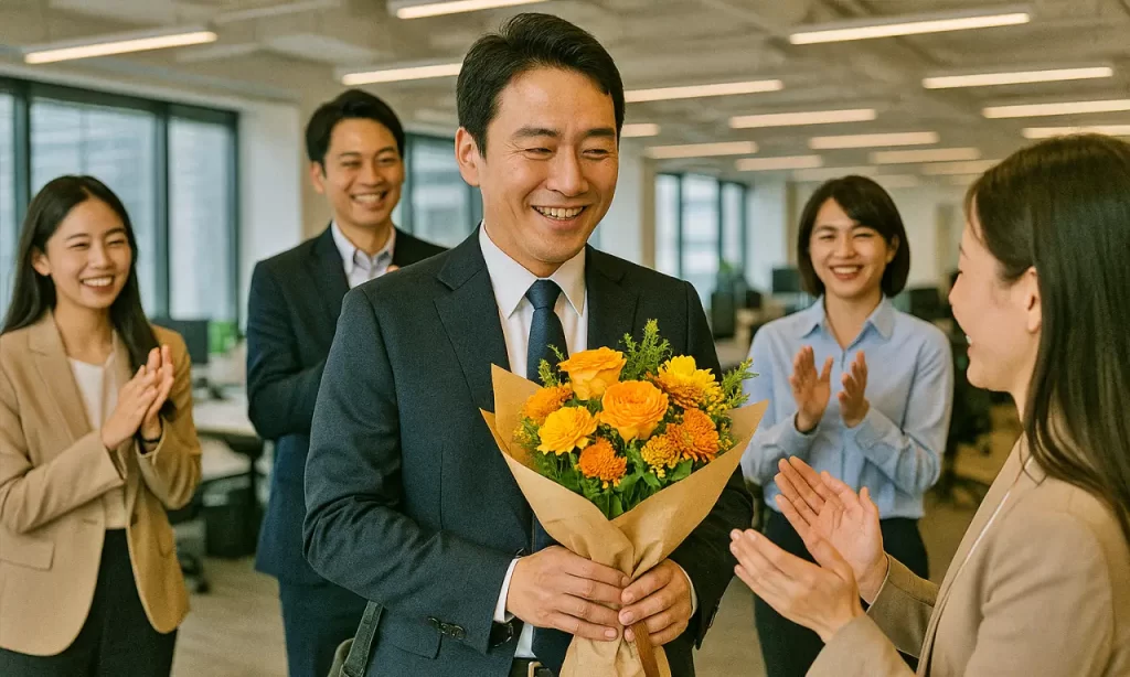 退職の日に同僚から花束を貰って祝われている会社員