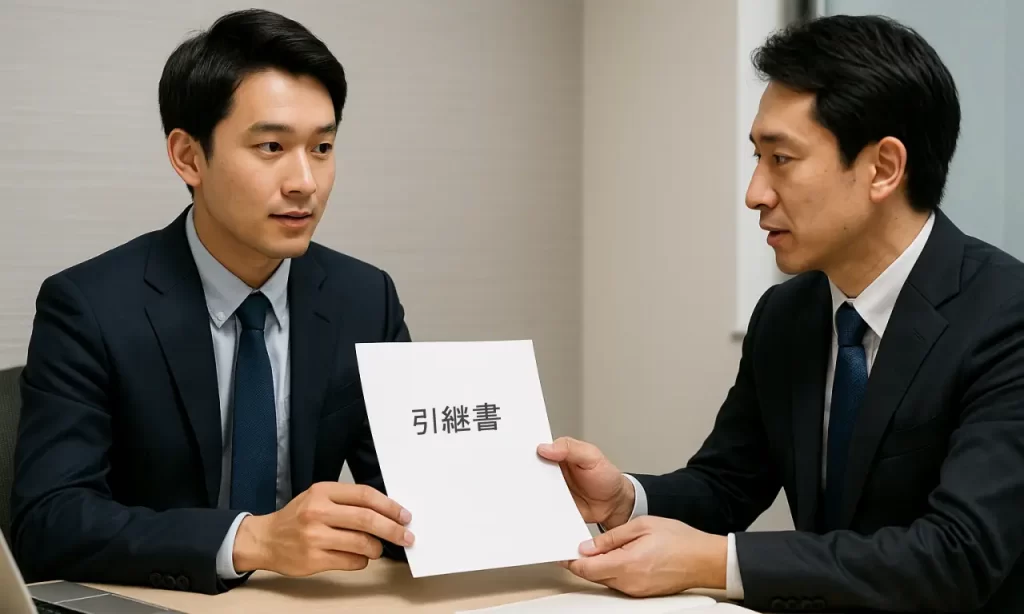 業務の引継ぎ作業を行っている男性二人