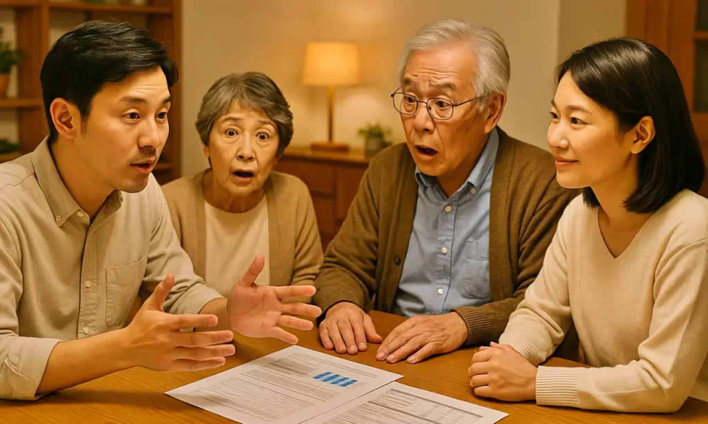 両親に退職の報告をしている様子