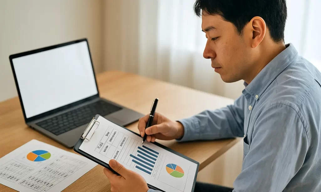 家族に退職を説明するための資料作成をしている男性