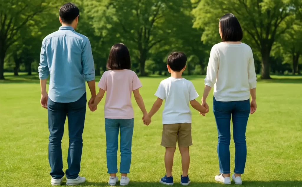 手をつなぐ４人家族の後ろ姿