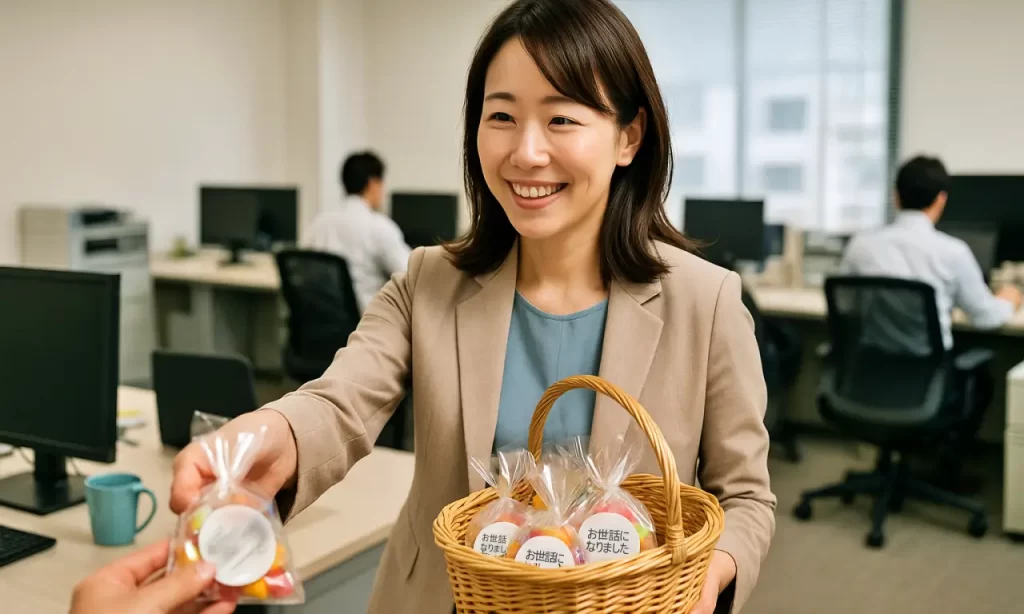 同僚にプチギフトを贈る女性