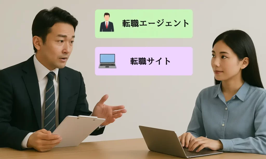 転職エージェントと転職サイトの違いの説明を受ける女性と説明する男性