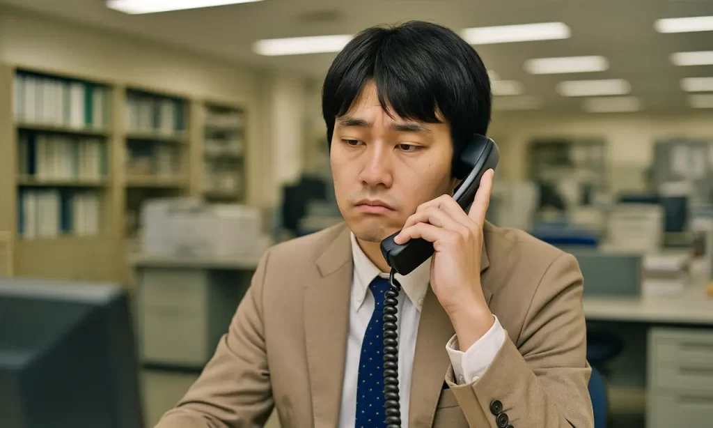 モチベーションが下がっている若手公務員男性が電話に出ている様子
