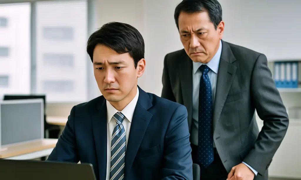 背後から上司ににらまれている若手公務員男性