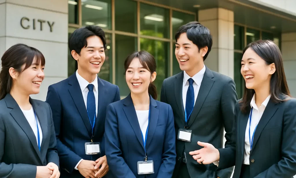 仲良くしゃべる若手公務員男女5名