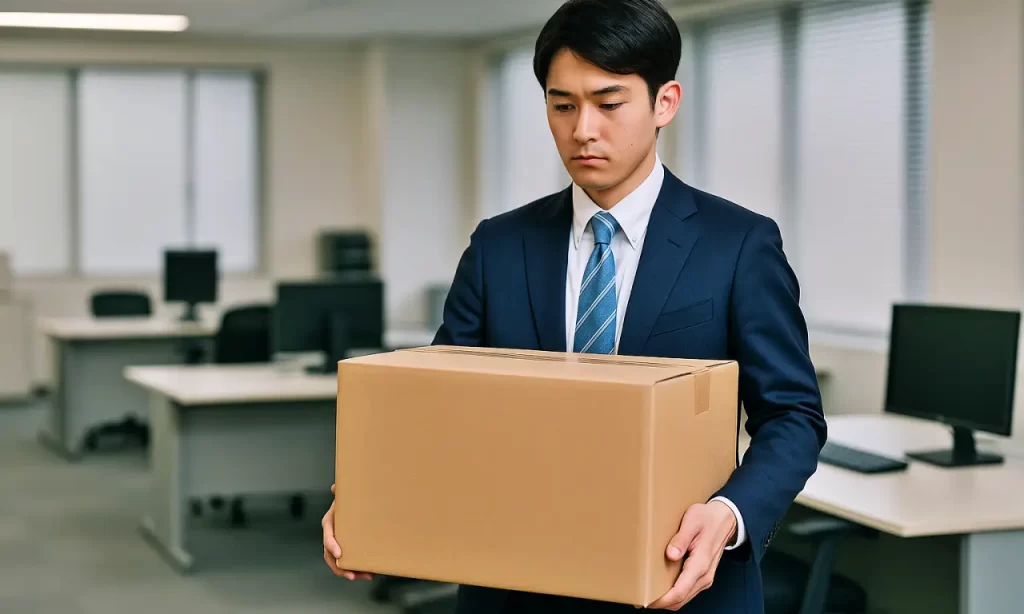 部署異動で荷物が入った段ボールを持っている公務員男性