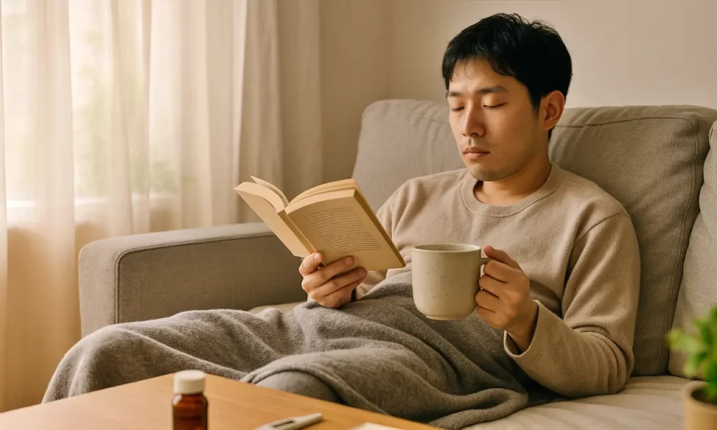 休職中、自宅で本を読み療養している男性