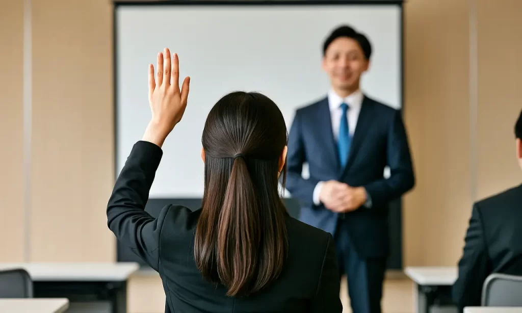 挙手をし、質問をしようとしている女性