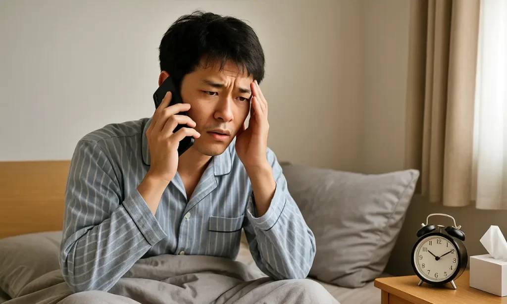 職場に欠席電話をしているパジャマ姿の男性