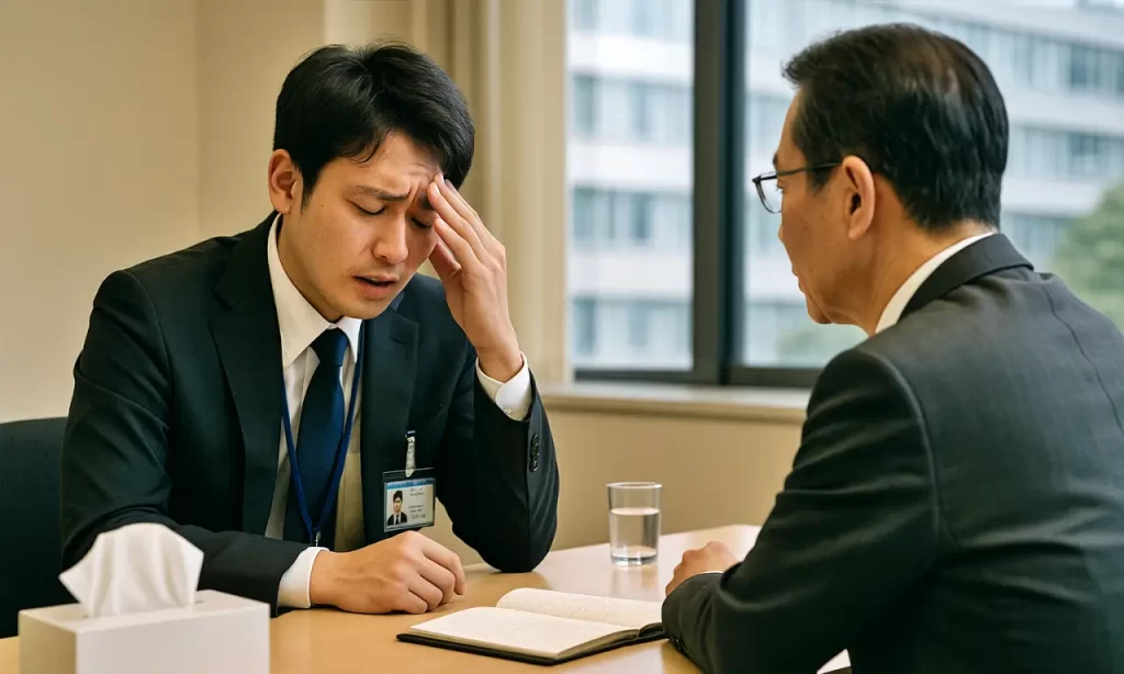 職場復帰訓練中の面談で苦しい胸の内を吐露している男性公務員