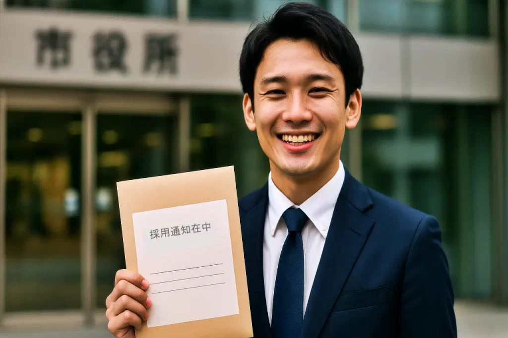 市役所からの採用通知をもつ、笑顔の男性