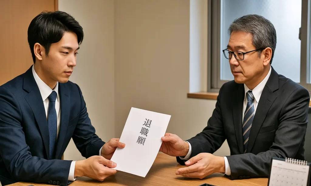 退職願を上司に渡す若手日本人公務員男性