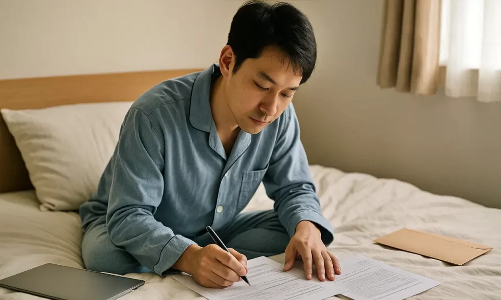 ベッド上で書類に記入する休職中の男性