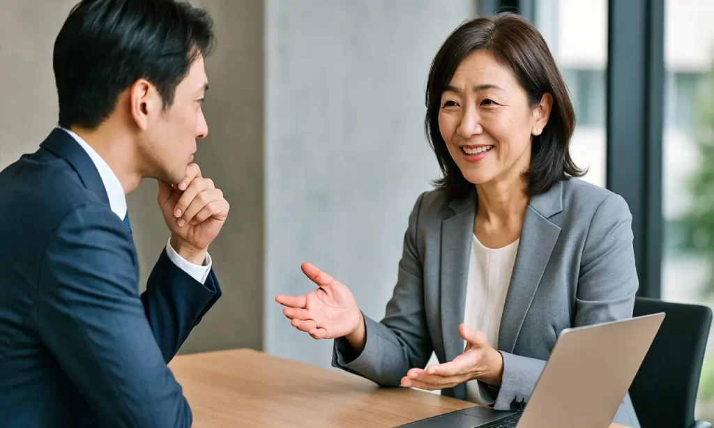 民間企業の女性と話す男性