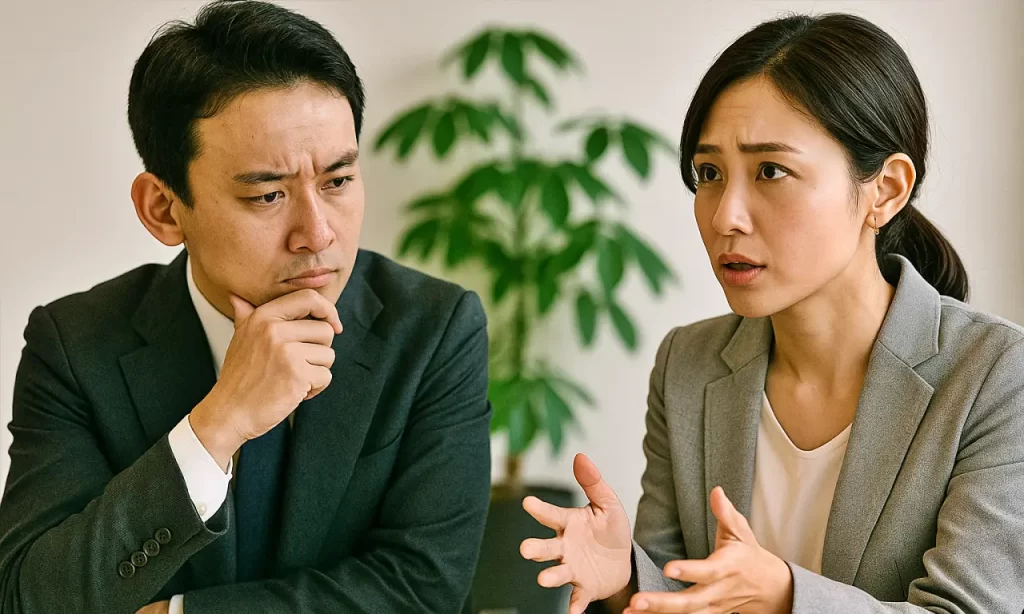 真剣に自分の意思を伝えている女性と話を聞く男性