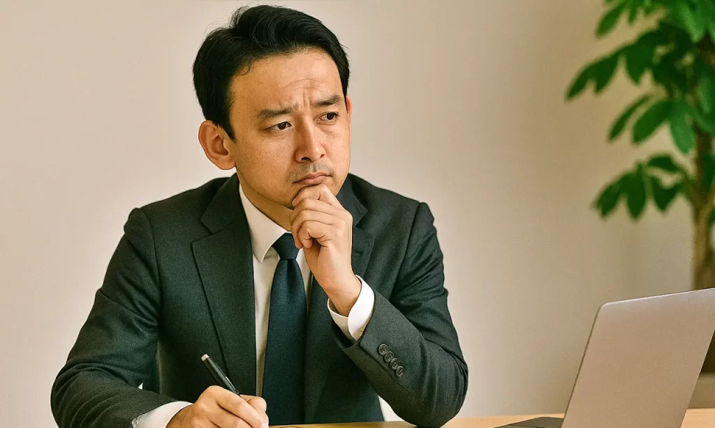 考えをまとめ中の男性