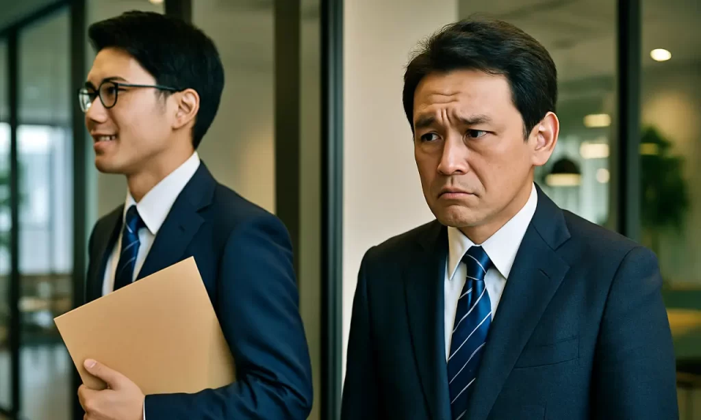 眉間にしわを寄せる年配男性と笑顔の若手男性