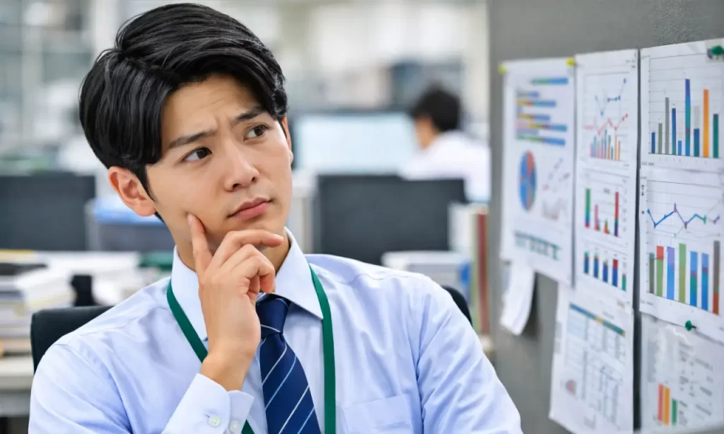顎に手を置いて悩む男性職員