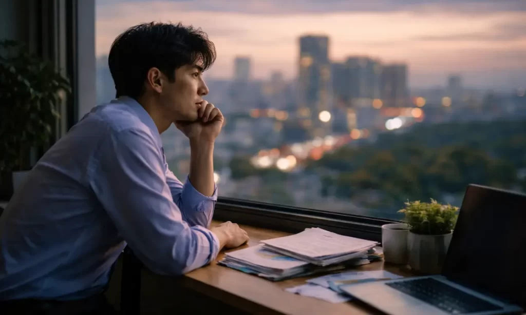 黄昏時の景色を眺め思いにふける男性