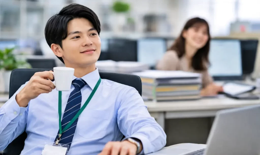 デスクでコーヒーを飲んでいる職員