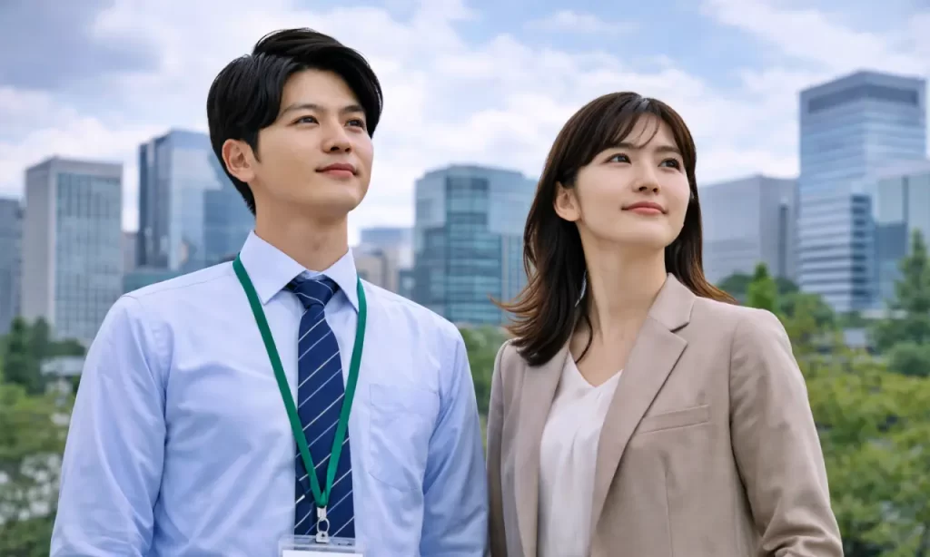 遠くを見つめる職員2人