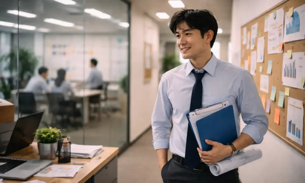 書類を持つ、笑顔の男性