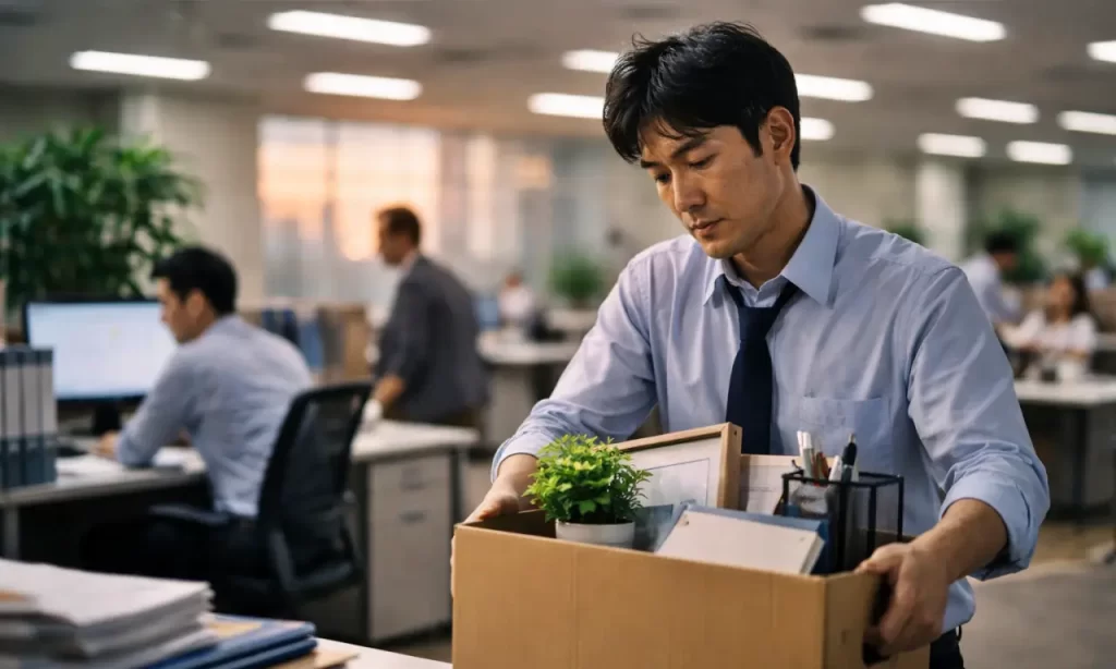 デスクの片づけをする男性