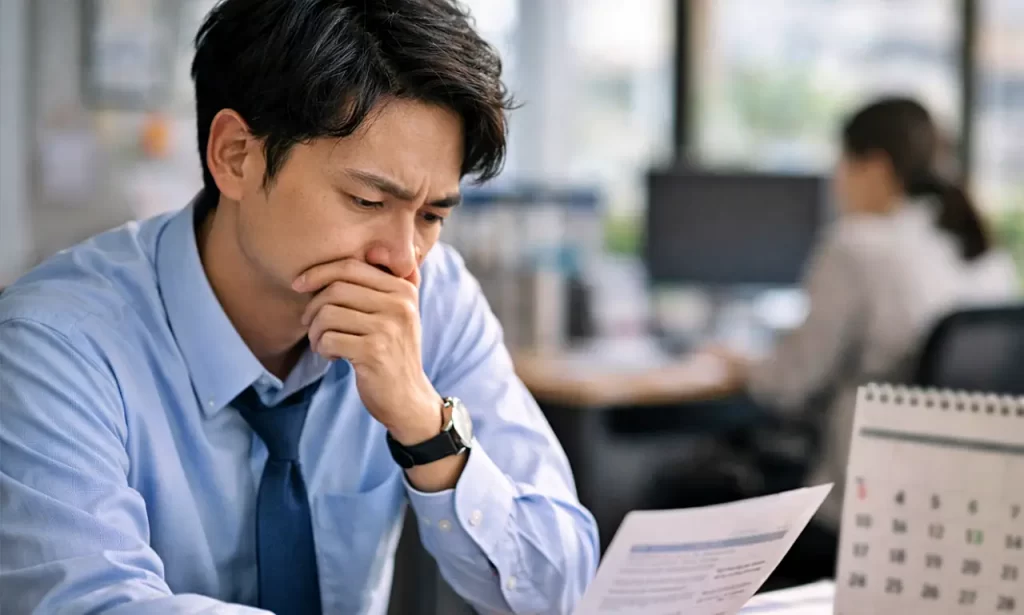 書類を見悩む男性
