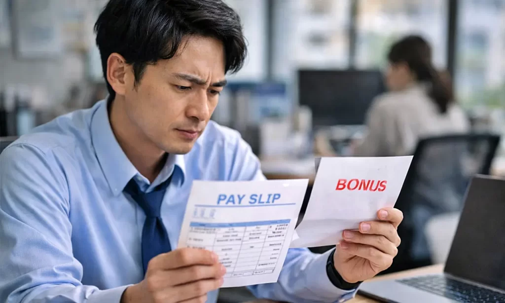 給料とボーナスを眺める男性